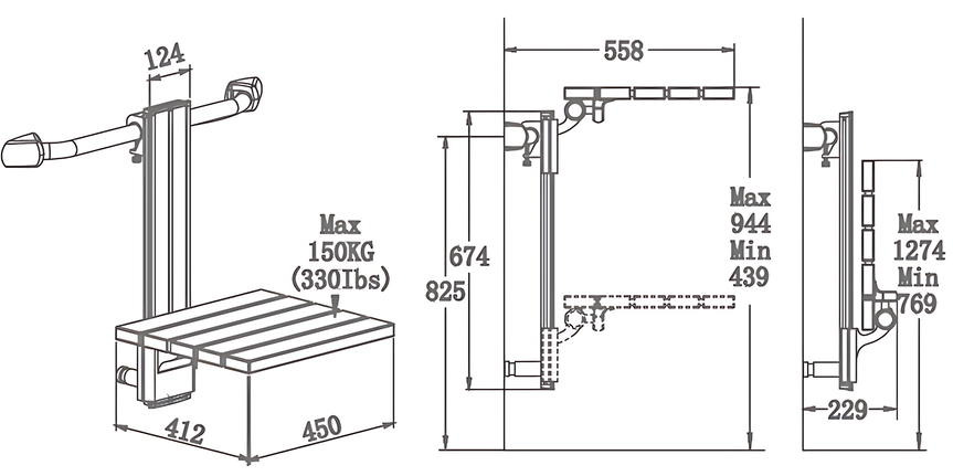 SA-C450  Height Adjustable Hanging Wood Bath Seat