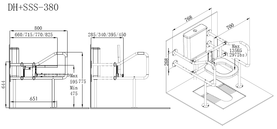DH-SSS-380 Stainless Steel Toilet Seat with Dual Handrails for Elderly