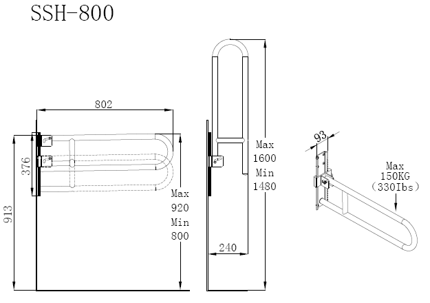 SSH-800 height-adjustable folding stainless steel handrail system for toilets