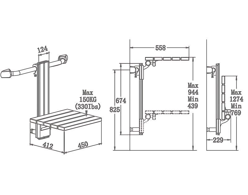 SA-C450+ Height Adjustable Hanging Wood Bath Seat