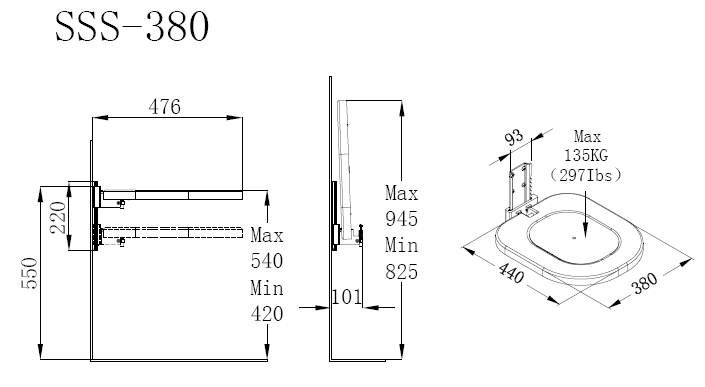 SSS-380 Height Adjustable Folding Stainless Steel Shower Seat